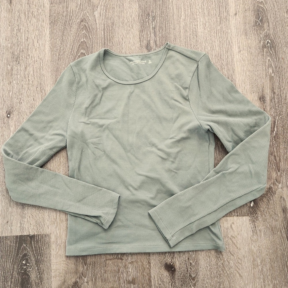 Abercrombie & Fitch Soft A&F Ribbed Destressed Long Sleeve Top Sage Green Medium